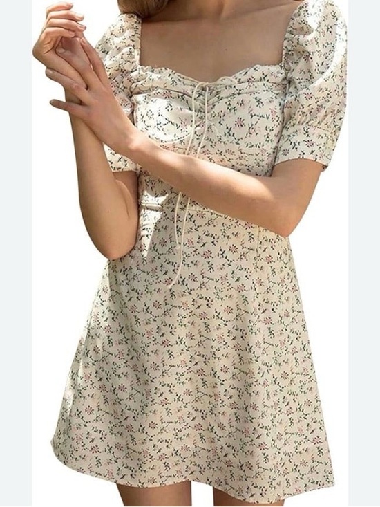 Better Be Dresses & Skirts - Better Be Cream Floral Lace-Up Square-Neck Mini Dress